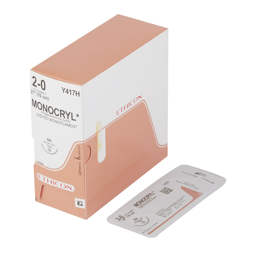 MON217677BX - J & J Healthcare Systems - Absorbable Suture with Needle Monocryl&trade; Poliglecaprone SH 1/2 Circle Taper Point Needle Size 2 - 0 Monofilament