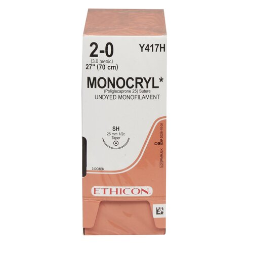 MON217677BX - J & J Healthcare Systems - Absorbable Suture with Needle Monocryl&trade; Poliglecaprone SH 1/2 Circle Taper Point Needle Size 2 - 0 Monofilament