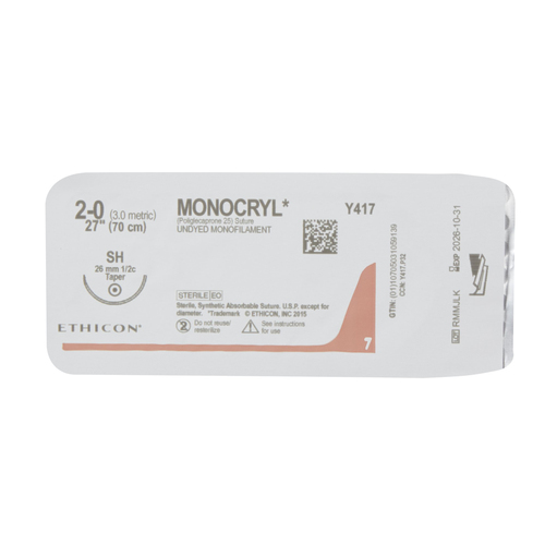 MON217677BX - J & J Healthcare Systems - Absorbable Suture with Needle Monocryl&trade; Poliglecaprone SH 1/2 Circle Taper Point Needle Size 2 - 0 Monofilament