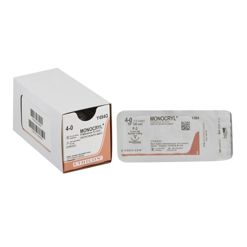 MON217678BX - J & J Healthcare Systems - Absorbable Suture with Needle Monocryl Poliglecaprone P-3 3/8 Circle Precision Reverse Cutting Needle Size 4 - 0 Monofilament, 12 per Box