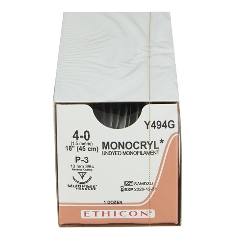 MON217678BX - J & J Healthcare Systems - Absorbable Suture with Needle Monocryl Poliglecaprone P-3 3/8 Circle Precision Reverse Cutting Needle Size 4 - 0 Monofilament, 12 per Box