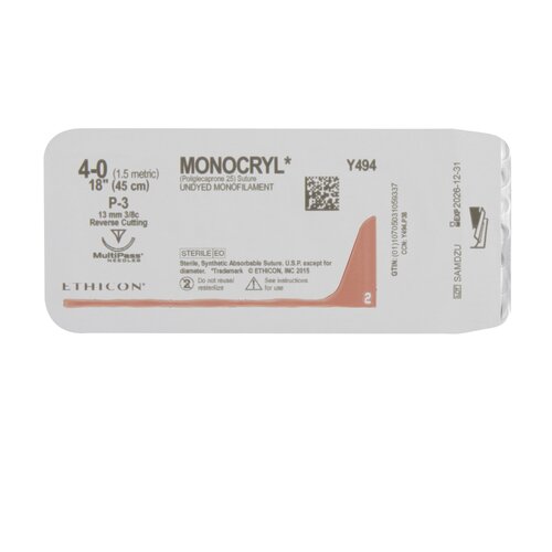 MON217678BX - J & J Healthcare Systems - Absorbable Suture with Needle Monocryl Poliglecaprone P-3 3/8 Circle Precision Reverse Cutting Needle Size 4 - 0 Monofilament, 12 per Box