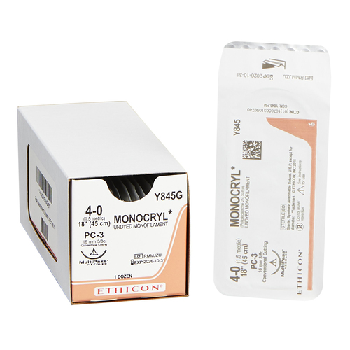 MON227218BX - J & J Healthcare Systems - Absorbable Suture with Needle Monocryl&trade; Poliglecaprone PC-3 3/8 Circle Precision Conventional Cutting Needle Size 4 - 0 Monofilament