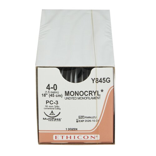 MON227218BX - J & J Healthcare Systems - Absorbable Suture with Needle Monocryl&trade; Poliglecaprone PC-3 3/8 Circle Precision Conventional Cutting Needle Size 4 - 0 Monofilament