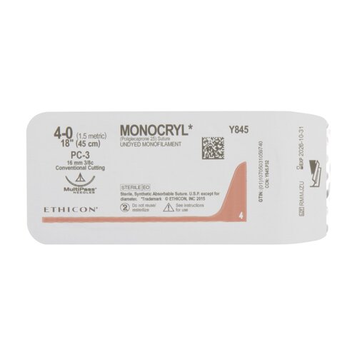MON227218BX - J & J Healthcare Systems - Absorbable Suture with Needle Monocryl&trade; Poliglecaprone PC-3 3/8 Circle Precision Conventional Cutting Needle Size 4 - 0 Monofilament