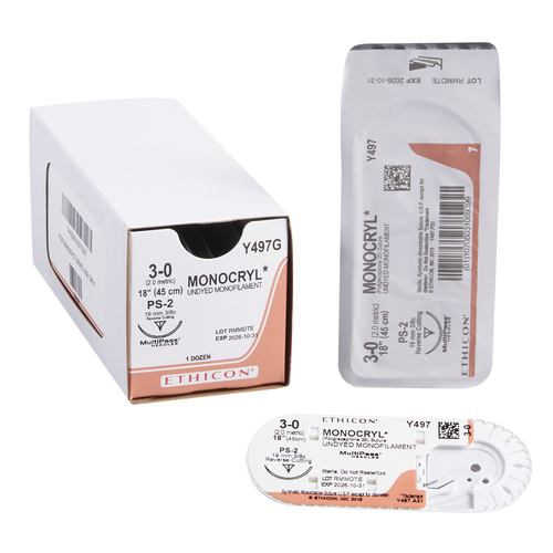 MON227219BX - J & J Healthcare Systems - Absorbable Suture with Needle Monocryl&trade; Poliglecaprone PS-2 3/8 Circle Precision Reverse Cutting Needle Size 3 - 0 Monofilament