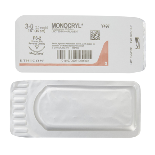 MON227219BX - J & J Healthcare Systems - Absorbable Suture with Needle Monocryl&trade; Poliglecaprone PS-2 3/8 Circle Precision Reverse Cutting Needle Size 3 - 0 Monofilament