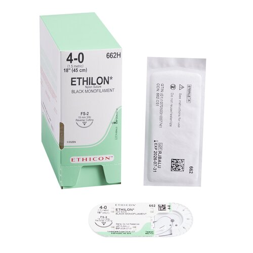 MON2611BX - J & J Healthcare Systems - Nonabsorbable Suture with Needle Ethilon Nylon FS-2 3/8 Circle Reverse Cutting Needle Size 4 - 0 Monofilament, 36 per Box