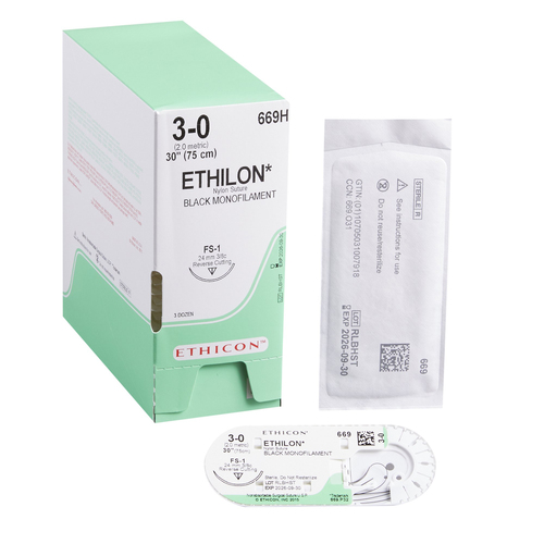 MON2623BX - J & J Healthcare Systems - Nonabsorbable Suture with Needle Ethilon Nylon FS-1 3/8 Circle Reverse Cutting Needle Size 3 - 0 Monofilament