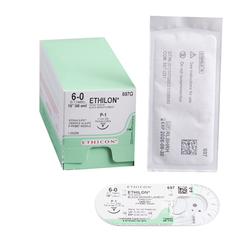 MON2683BX - J & J Healthcare Systems - Nonabsorbable Suture with Needle Ethilon&trade; Nylon P-1 3/8 Circle Precision Reverse Cutting Needle Size 6 - 0 Monofilament