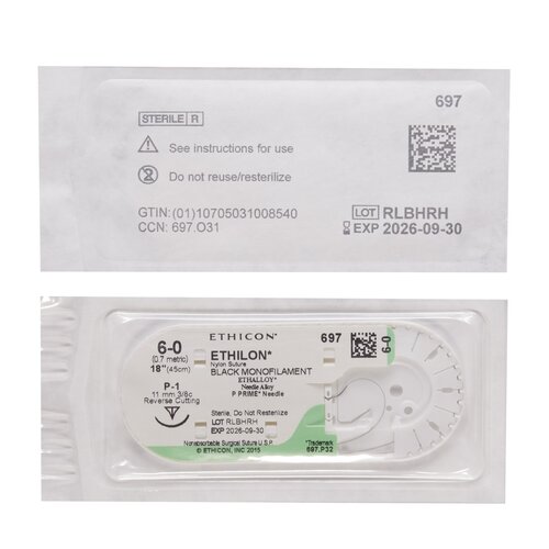 MON2683BX - J & J Healthcare Systems - Nonabsorbable Suture with Needle Ethilon&trade; Nylon P-1 3/8 Circle Precision Reverse Cutting Needle Size 6 - 0 Monofilament