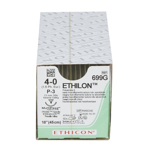 MON2689BX - J & J Healthcare Systems - Nonabsorbable Suture with Needle Ethilon Nylon P-3 3/8 Circle Precision Reverse Cutting Needle Size 4 - 0 Monofilament, 12 EA/BX