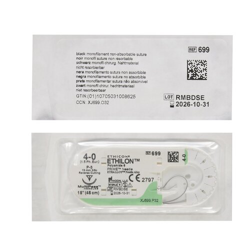 MON2689BX - J & J Healthcare Systems - Nonabsorbable Suture with Needle Ethilon Nylon P-3 3/8 Circle Precision Reverse Cutting Needle Size 4 - 0 Monofilament, 12 EA/BX