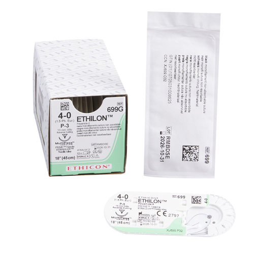 MON2689BX - J & J Healthcare Systems - Nonabsorbable Suture with Needle Ethilon Nylon P-3 3/8 Circle Precision Reverse Cutting Needle Size 4 - 0 Monofilament, 12 EA/BX