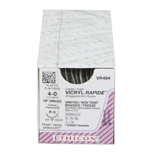 MON278269BX - J & J Healthcare Systems - suture with needle Coated Vicryl Rapide Absorbable Coated Undyed Suture Braided Polyglactin 910 Size 4-0 18 Inch Suture 1-Needle Size 4 - 0 3/8 Circle Precision Point - Reverse Cutting Needle, 12/DZ
