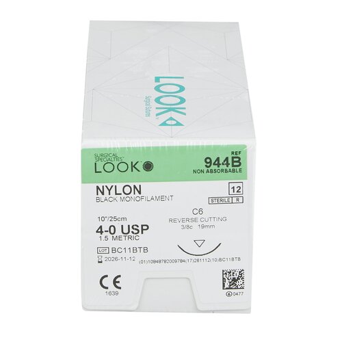 MON285197BX - Surgical Specialties - Nonabsorbable Suture with Needle LOOK&reg; Nylon C-6 3/8 Circle Reverse Cutting Needle Size 4 - 0 Monofilament