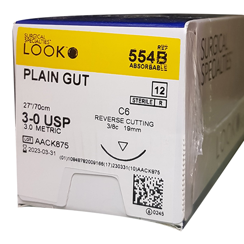 MON289404DZ - Surgical Specialties - Absorbable Suture with Needle LOOK&reg; Plain Gut C-6 3/8 Circle Reverse Cutting Needle Size 3 - 0