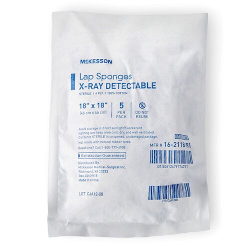 MON291446CS - McKesson - McKesson Surgical Laparotomy Sponge X-Ray Detectable Cotton 18 X 18 Inch 5 Count Soft Pack Sterile, 40/CS