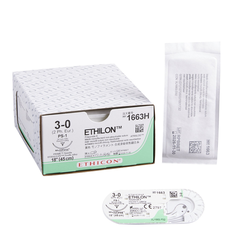 MON2990BX - J & J Healthcare Systems - Nonabsorbable Suture with Needle Ethilon&trade; Nylon PS-1 3/8 Circle Reverse Cutting Needle Size 3 - 0 Monofilament