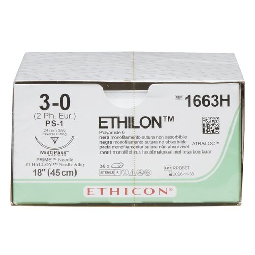 MON2990BX - J & J Healthcare Systems - Nonabsorbable Suture with Needle Ethilon&trade; Nylon PS-1 3/8 Circle Reverse Cutting Needle Size 3 - 0 Monofilament