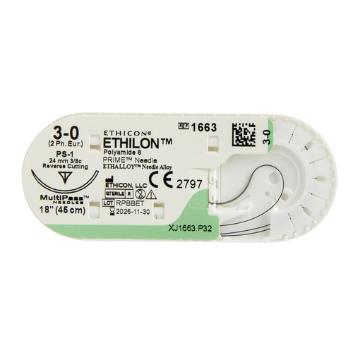 MON2990BX - J & J Healthcare Systems - Nonabsorbable Suture with Needle Ethilon&trade; Nylon PS-1 3/8 Circle Reverse Cutting Needle Size 3 - 0 Monofilament