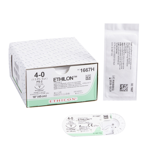 MON2996BX - J & J Healthcare Systems - Nonabsorbable Suture with Needle Ethilon&trade; Nylon PS-2 3/8 Circle Precision Reverse Cutting Needle Size 4 - 0 Monofilament