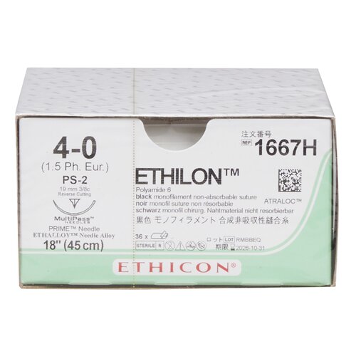 MON2996BX - J & J Healthcare Systems - Nonabsorbable Suture with Needle Ethilon&trade; Nylon PS-2 3/8 Circle Precision Reverse Cutting Needle Size 4 - 0 Monofilament