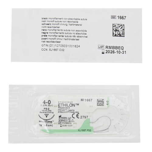 MON2996BX - J & J Healthcare Systems - Nonabsorbable Suture with Needle Ethilon&trade; Nylon PS-2 3/8 Circle Precision Reverse Cutting Needle Size 4 - 0 Monofilament
