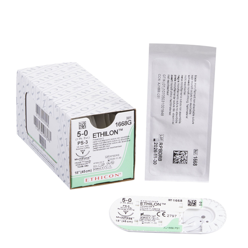 MON2999BX - J & J Healthcare Systems - Nonabsorbable Suture with Needle Ethilon&trade; Nylon PS-3 3/8 Circle Reverse Cutting Needle Size 5 - 0 Monofilament