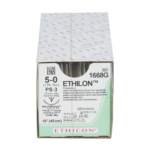 MON2999BX - J & J Healthcare Systems - Nonabsorbable Suture with Needle Ethilon&trade; Nylon PS-3 3/8 Circle Reverse Cutting Needle Size 5 - 0 Monofilament