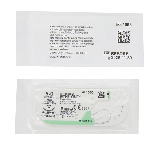 MON2999BX - J & J Healthcare Systems - Nonabsorbable Suture with Needle Ethilon&trade; Nylon PS-3 3/8 Circle Reverse Cutting Needle Size 5 - 0 Monofilament