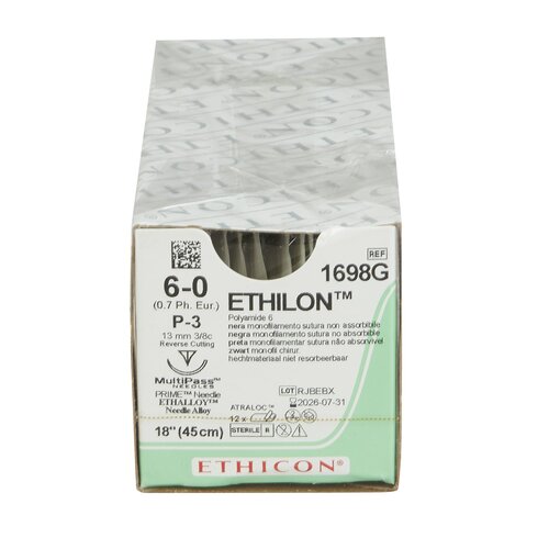 MON3026BX - J & J Healthcare Systems - Nonabsorbable Suture with Needle Ethilon Nylon P-3 3/8 Circle Precision Reverse Cutting Needle Size 6 - 0 Monofilament, 12 EA/BX