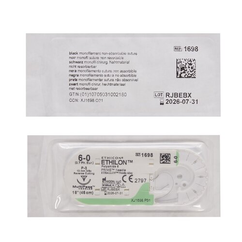 MON3026BX - J & J Healthcare Systems - Nonabsorbable Suture with Needle Ethilon Nylon P-3 3/8 Circle Precision Reverse Cutting Needle Size 6 - 0 Monofilament, 12 EA/BX
