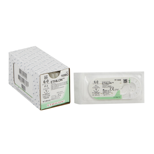 MON3026BX - J & J Healthcare Systems - Nonabsorbable Suture with Needle Ethilon Nylon P-3 3/8 Circle Precision Reverse Cutting Needle Size 6 - 0 Monofilament, 12 EA/BX