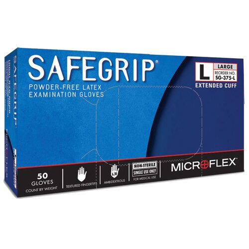 MON306871BX - Ansell - Ansell Exam Glove SafeGrip Large NonSterile Latex Extended Cuff Length Textured Fingertips Blue Not Chemo Approved, 50 EA/BX