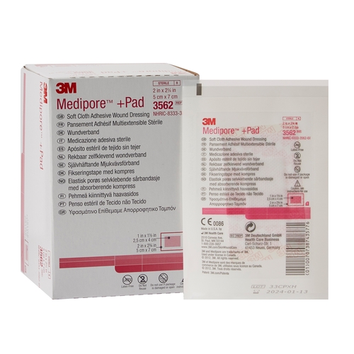 MON324093CS - 3M - 3M Medipore&trade; 2" x 2.75" Soft Cloth Rectangle 1" x 1.50" Pad White Sterile Adhesive Dressing, 200 EA/CS