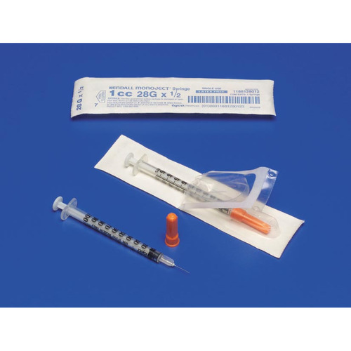 MON344529CS - Covidien - Insulin Syringe with Needle Monoject&reg; 1 mL 28 Gauge 1/2" Attached Needle Without Safety, 100 EA/BX, 3BX/CS