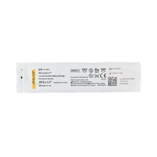 MON349606EA - Covidien - Covidien Insulin Syringe with Needle Monoject&reg; 0.5 mL 29 Gauge 1/2" Attached Sliding Safety Needle