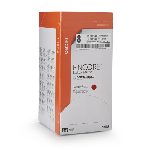 MON362179CS - Ansell - Ansell Surgical Glove ENCORE Latex Micro Size 8 Sterile Latex Standard Cuff Length Micro-Textured Brown Chemo Tested, 200 EA/CS