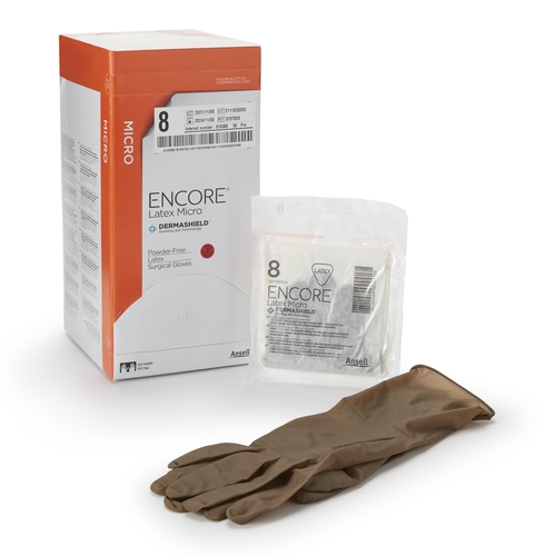 MON362179CS - Ansell - Ansell Surgical Glove ENCORE Latex Micro Size 8 Sterile Latex Standard Cuff Length Micro-Textured Brown Chemo Tested, 200 EA/CS