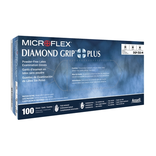 MON365974CS - Ansell - Exam Glove Diamond Grip Plus Medium NonSterile Latex Standard Cuff Length Fully Textured White Not Chemo Approved, 1000 EA/CS