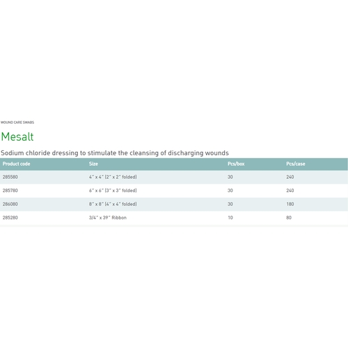 MON400464CS - Molnlycke Healthcare - Molnlycke Healthcare Impregnated Dressing Mesalt 4" x 4" Viscose / Polyester Sodium Chloride Sterile, 240 EA/CS