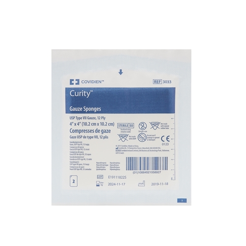 MON401581PK - Cardinal Health - Cardinal Health Sponge Dressing Curity Gauze 12-Ply 4" x 4" Square, 2 EA/PK