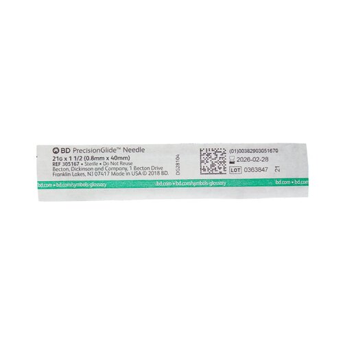 MON412BX - BD - BD Hypodermic Needle PrecisionGlide Without Safety 21 Gauge 1-1/2 Inch Length, 100EA/BX
