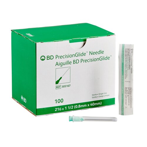 MON412BX - BD - BD Hypodermic Needle PrecisionGlide Without Safety 21 Gauge 1-1/2 Inch Length, 100EA/BX