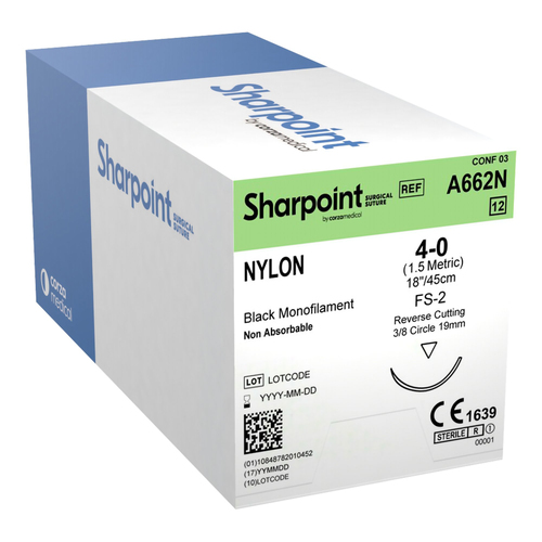 MON414736BX - Surgical Specialties - Nonabsorbable Suture with Needle Surgical Specialties&trade; Nylon DS18 3/8 Circle Reverse Cutting Needle Size 4 - 0 Monofilament