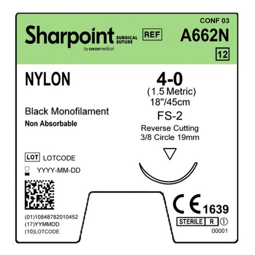 MON414736BX - Surgical Specialties - Nonabsorbable Suture with Needle Surgical Specialties&trade; Nylon DS18 3/8 Circle Reverse Cutting Needle Size 4 - 0 Monofilament