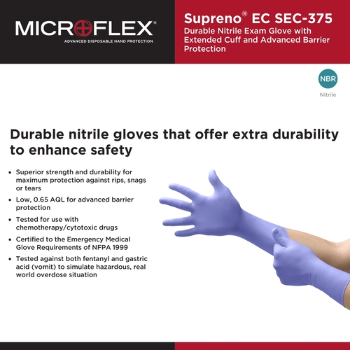 MON446002CS - Microflex Medical - Microflex Medical Exam Glove Supreno EC X-Large NonSterile Nitrile Extended Cuff Length Textured Fingertips Blue Chemo Tested, 500/CS