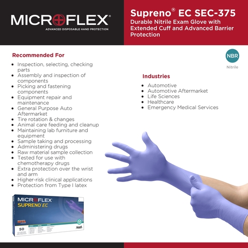 MON446002CS - Microflex Medical - Microflex Medical Exam Glove Supreno EC X-Large NonSterile Nitrile Extended Cuff Length Textured Fingertips Blue Chemo Tested, 500/CS