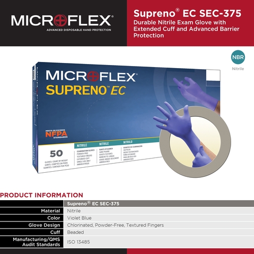 MON446002CS - Microflex Medical - Microflex Medical Exam Glove Supreno EC X-Large NonSterile Nitrile Extended Cuff Length Textured Fingertips Blue Chemo Tested, 500/CS